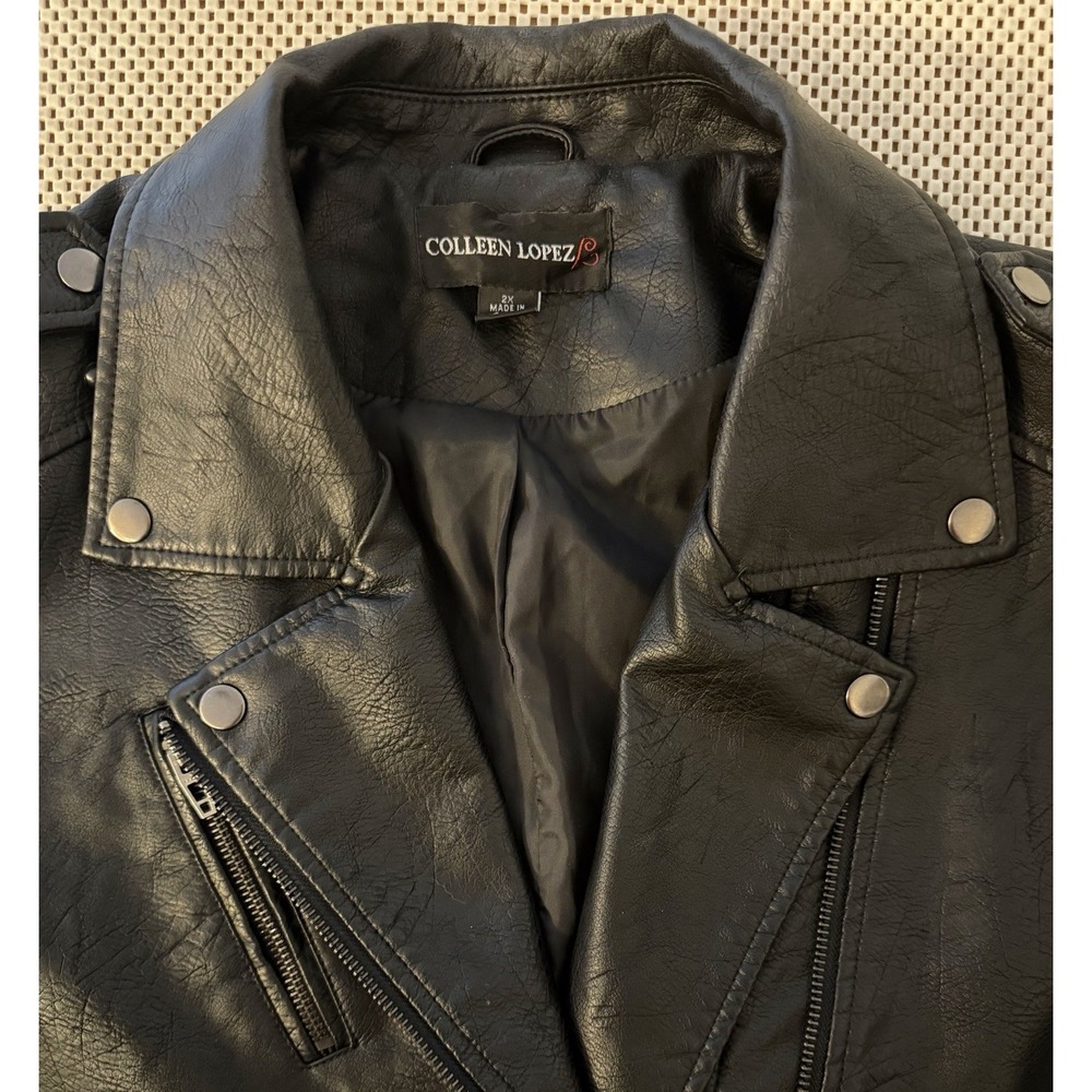 Colleen Lopez Womens Faux Leather Asymmetrical Zip Studded Moto Jacket Size 2XL